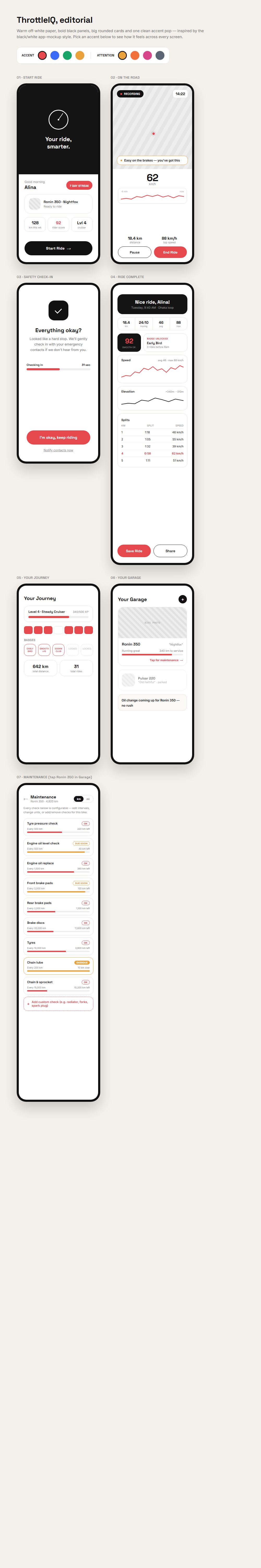 ThrottleIQ Editorial theme — start ride, active ride, safety check-in, ride summary, journey, garage, maintenance screens