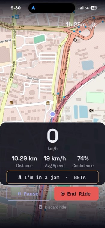 ThrottleIQ live ride screen at 9:30: 0 km/h, 10.29 km, 19 km/h average, 74% confidence