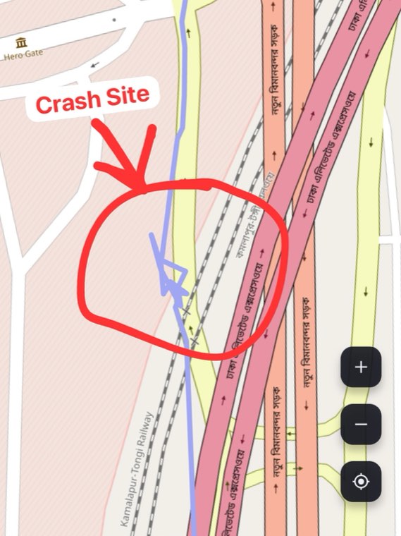 Ride history map with the crash site circled beside the Kamalapur–Tongi railway