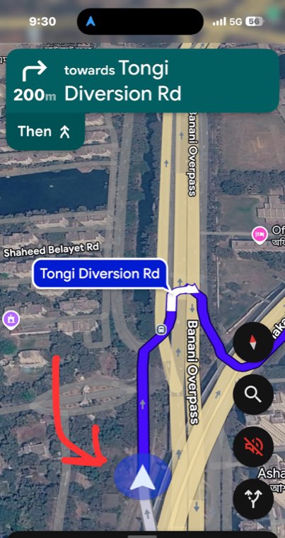 Google Maps at 9:30 with the rider's position on the service road beside Banani Overpass